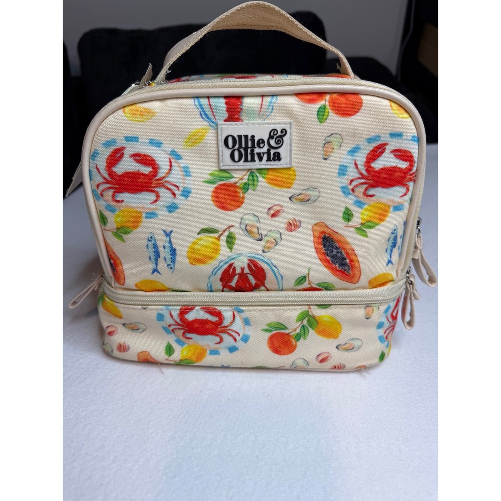 Ollie & Olivia Insulated Lunch Bag Seafood Citrus Print Dual Compartment Cream